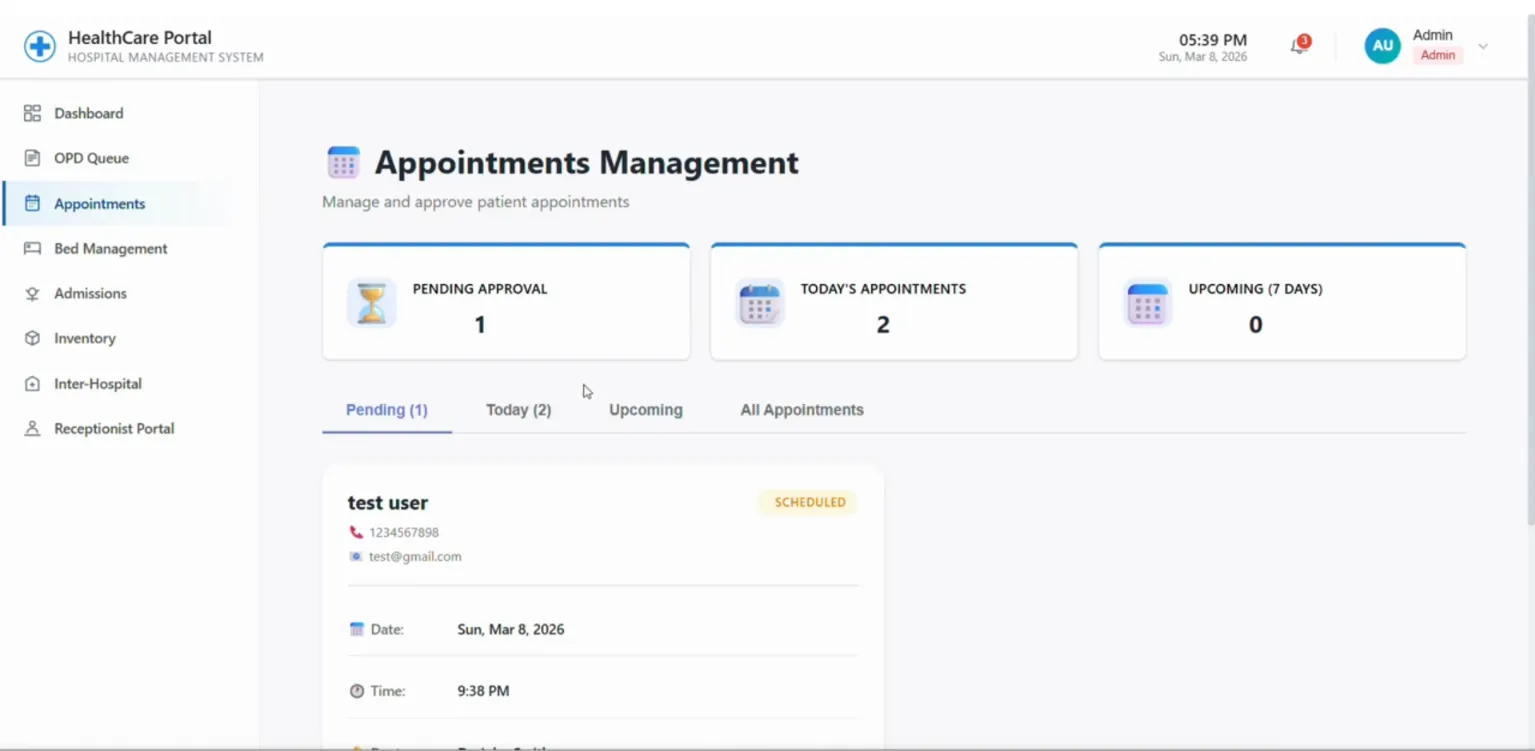 Appointments management screen with pending approvals and today's appointments