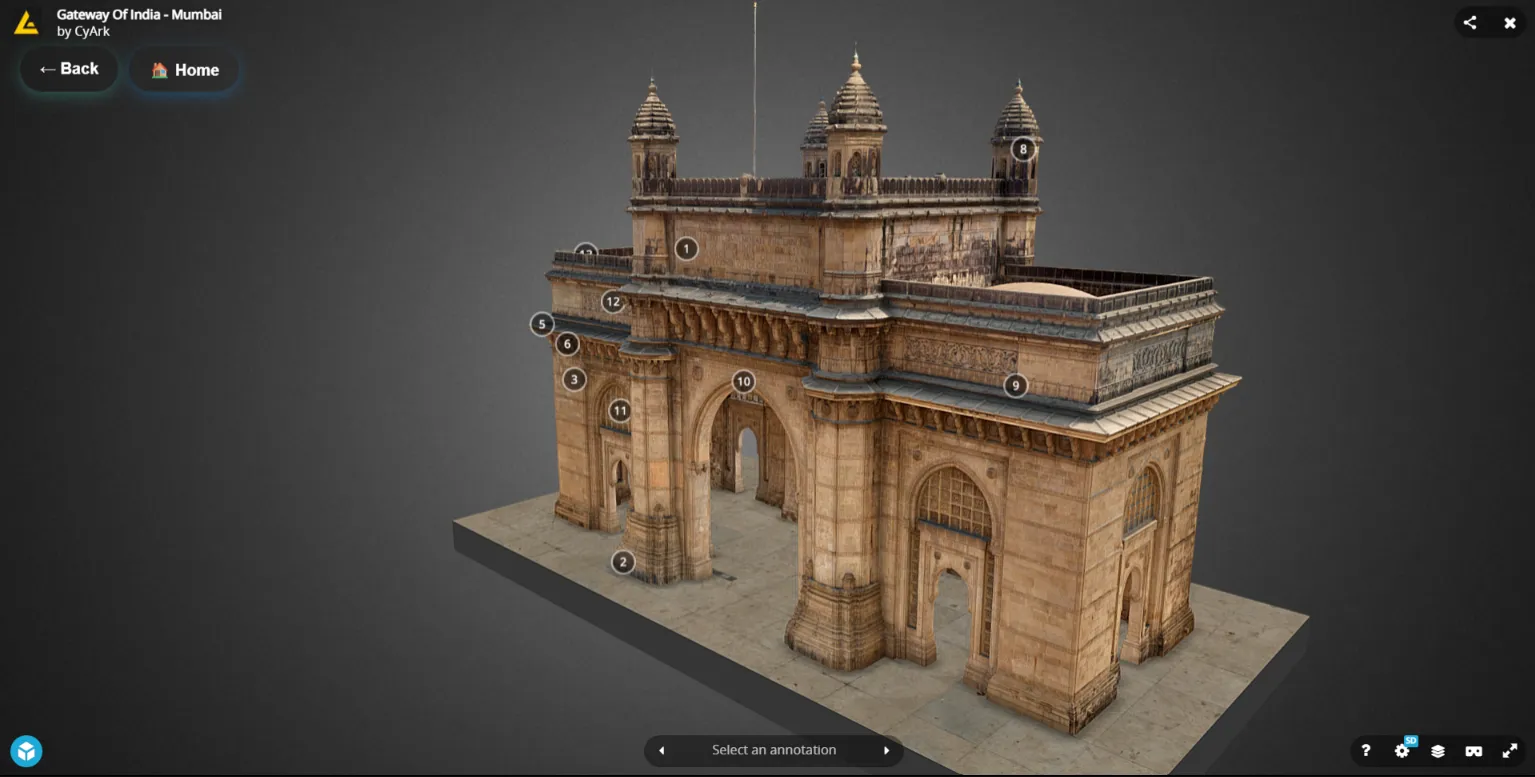 An explorable 3D model of the Gateway of India with numbered annotations