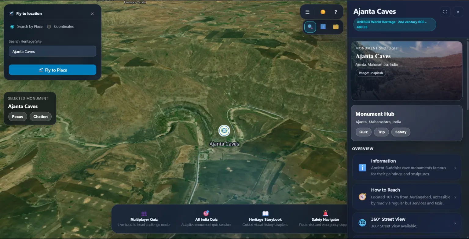 Ajanta Caves selected on the map, with its UNESCO status and monument hub panel