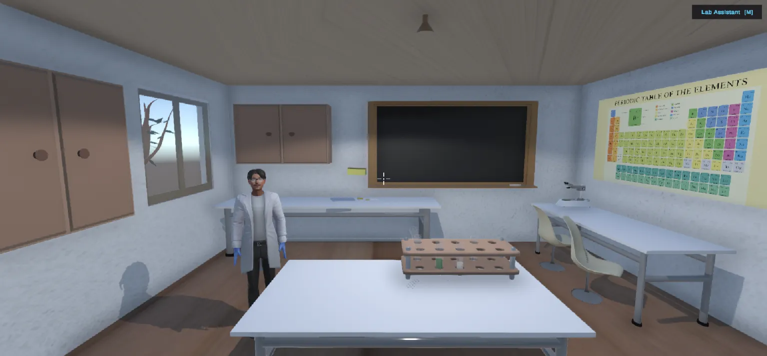 The Atomix lab with the AI lab assistant character standing beside the bench