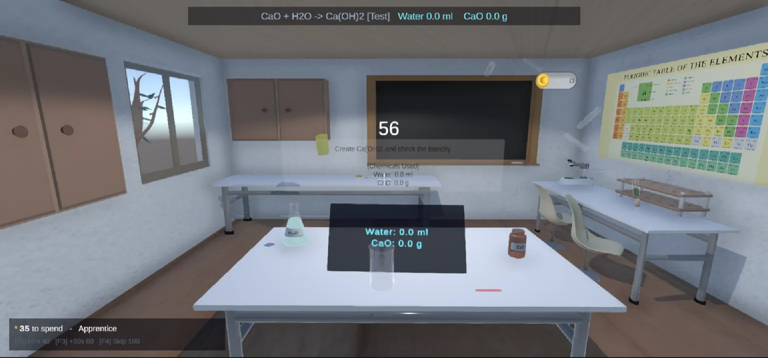 Assessment mode with a countdown timer, reagent readouts, a coin balance and the Apprentice rank
